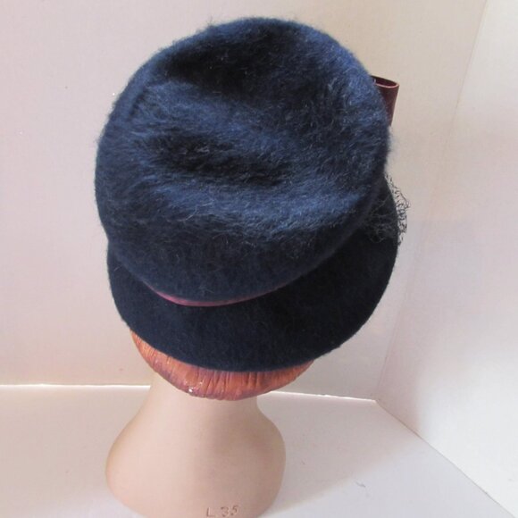 SALE  Vintage Hat  Bucket or Lampshade Style Navy Felt Burgundy Bow main image 6